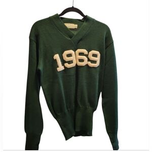 Vintage 1969 Letter Sweater Long Sleeve V Neck Green & White Size 42